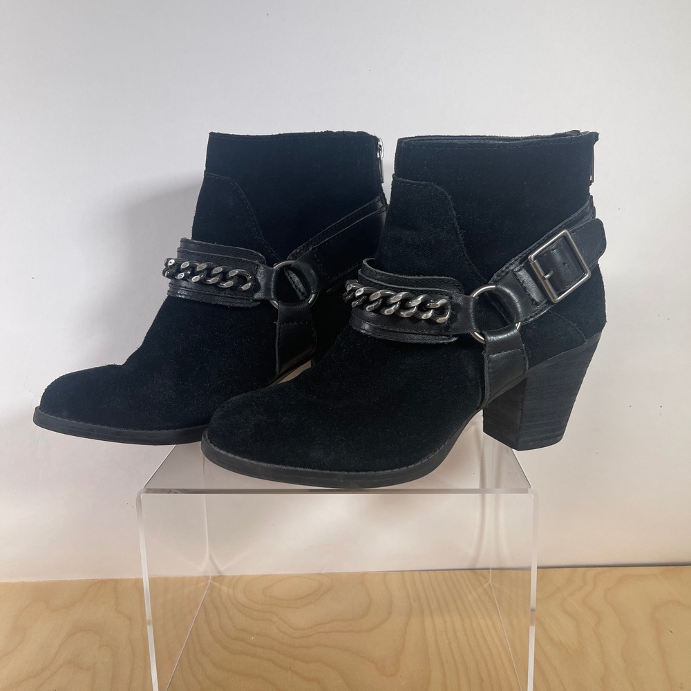 Reba Black Suede Leather Chain Buckle Ankle Boots Women's Size 6M